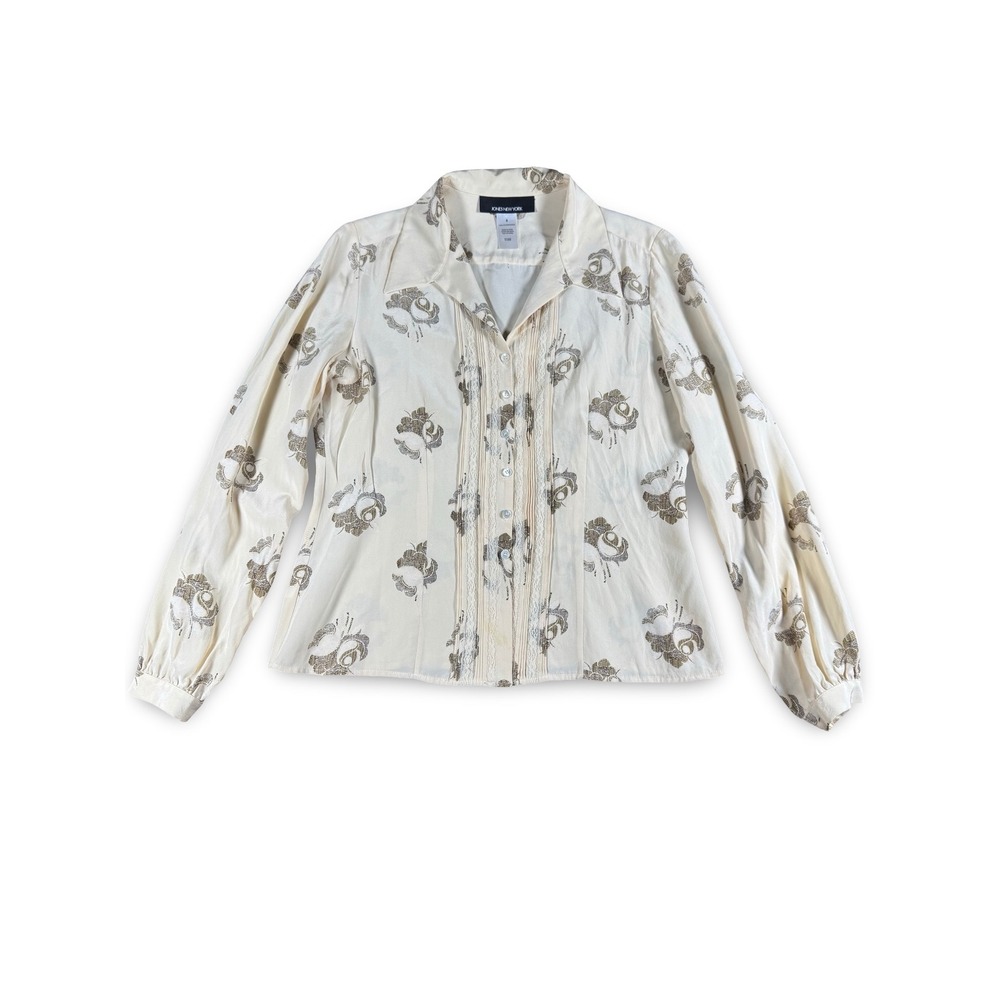 Jones New York Silk Blouse Long Sleeve Button Up Cream Shirt Size 8 Gold - Picture 2 of 8